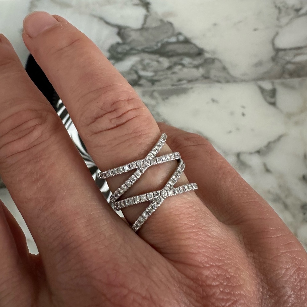Macys Modern Style 14 Karat White Gold Pave Set Diamond Double X Ring 0.31ctw.